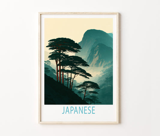 Japanese Pine Travel Poster – Mountain Landscape Wall Art Print