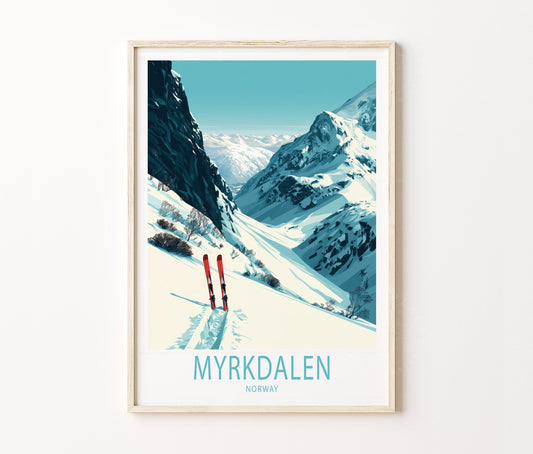 Myrkdalen Travel Poster – Ski Resort Snowy Alpine Wall Art Print