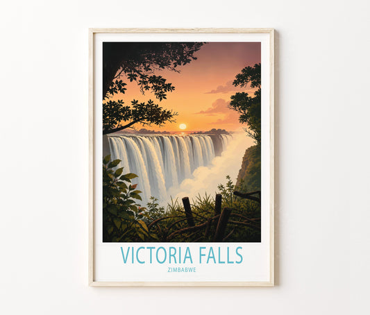 Victoria Falls Travel Poster – African Waterfall Sunset Wall Art Print