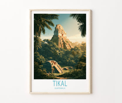 Tikal Travel Poster – Mayan Temple Landscape Wall Art Print