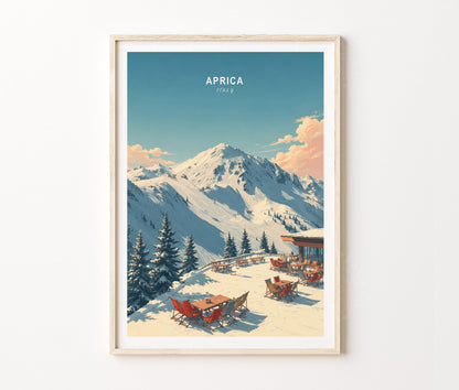 Aprica Travel Poster – Snowy Alps Ski Lodge Wall Art Print