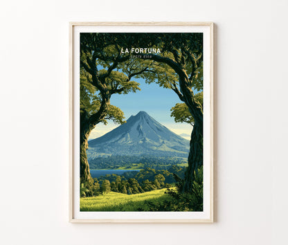 La Fortuna Travel Poster – Tropical Volcano Landscape Wall Art Print