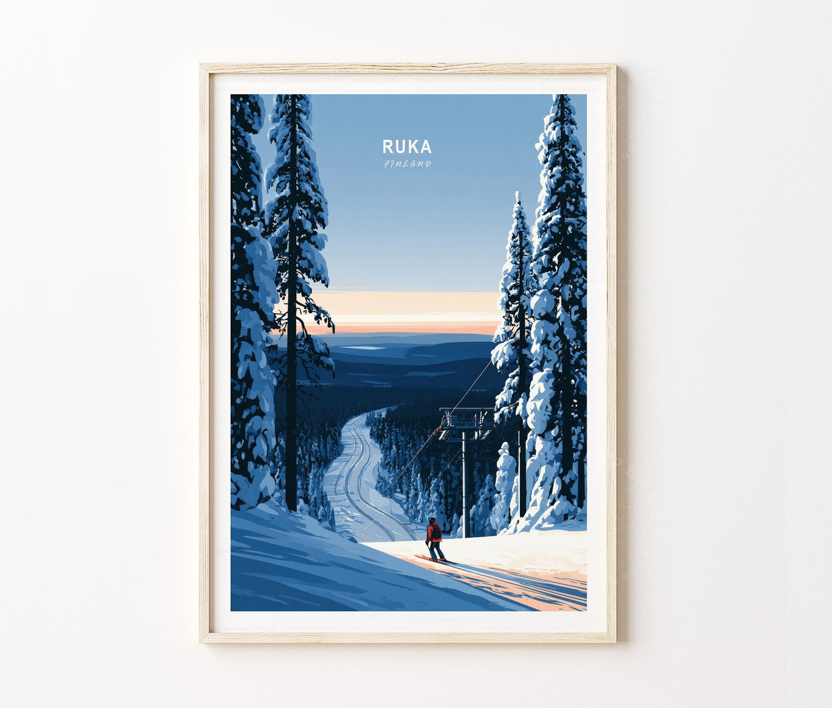 Ruka Travel Poster – Ski Resort Snowy Forest Wall Art Print