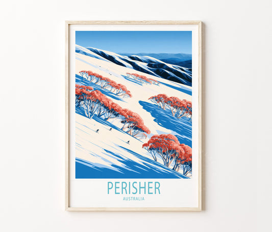 Perisher Travel Poster – Snowy Ski Slopes Alpine Wall Art Print