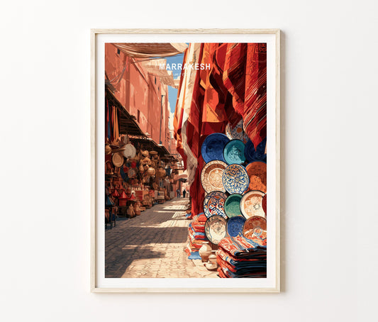 Marrakesh Travel Poster – Medina Market Moroccan Bazaar Wall Art Print