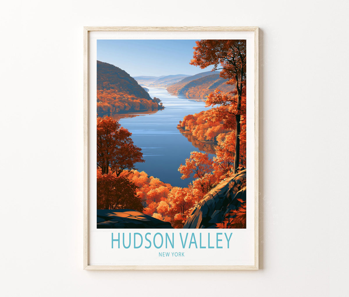Hudson Valley Travel Poster – Autumn River Landscape Wall Art Print