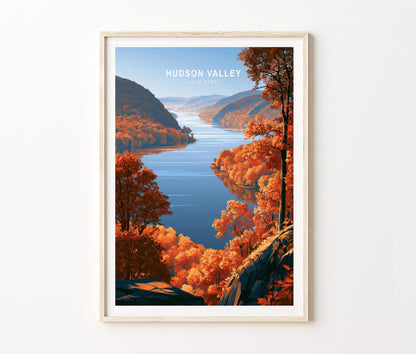 Hudson Valley Travel Poster – Fall Foliage River Wall Art Print