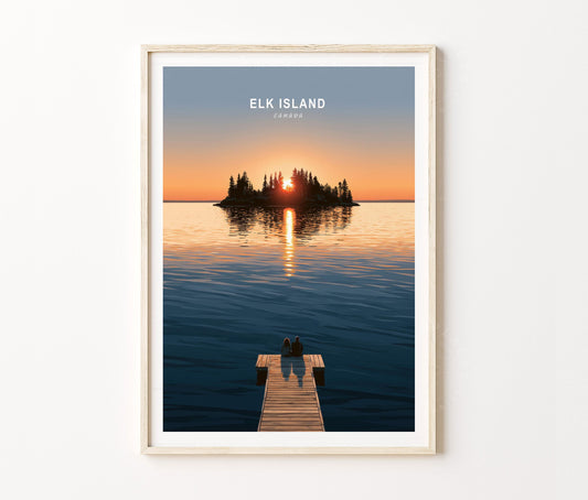 Elk Island Travel Poster – Lake Sunset Nature Wall Art Print