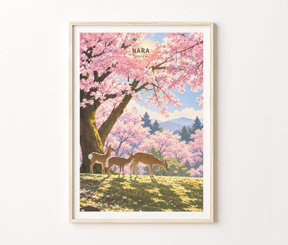 Nara Travel Poster – Sakura Deer Landscape Wall Art Print