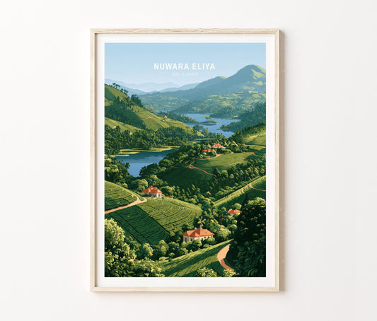 Nuwara Eliya Travel Poster – Tea Fields Lake Wall Art Print