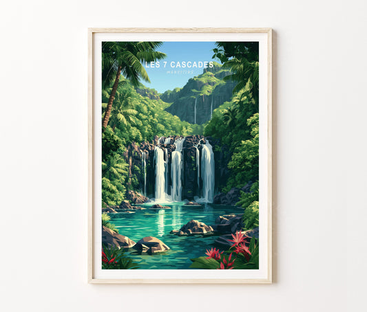 Les 7 Cascades Travel Poster – Mauritius Wall Art Print