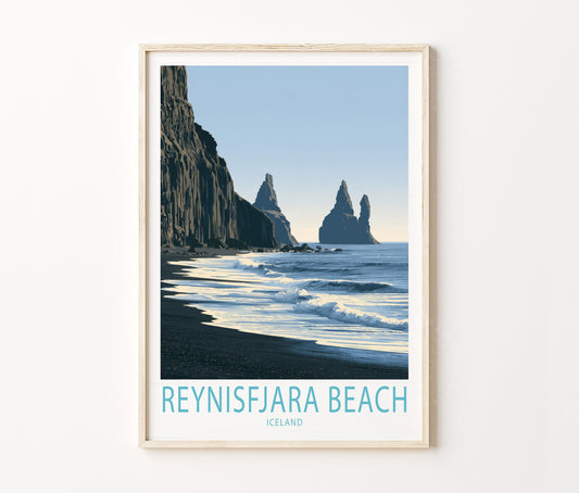 Reynisfjara Beach Travel Poster – Black Sand Shore Wall Art Print