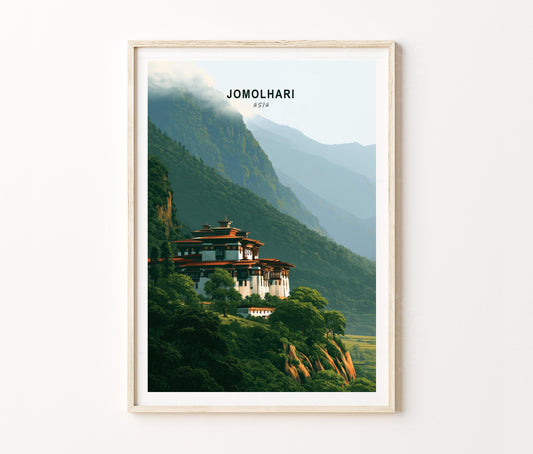 Jomolhari Travel Poster – Mountain Temple Wall Art Print