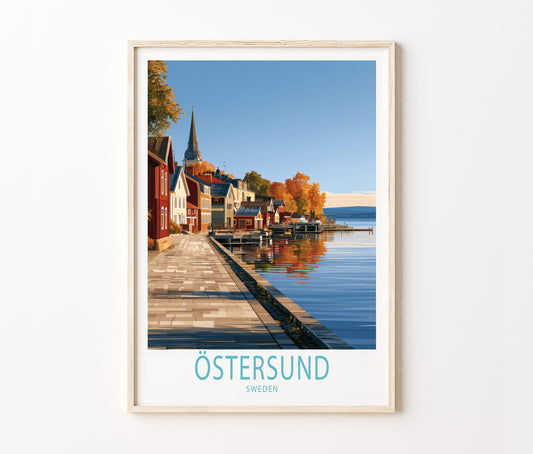 Östersund Travel Poster – Lakeside Town Landscape Wall Art Print