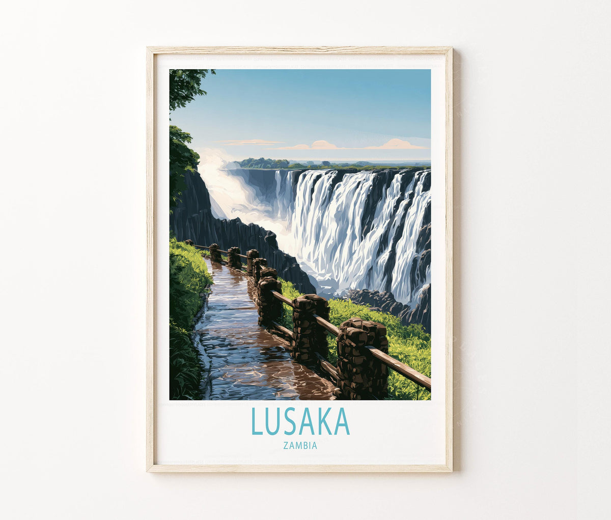 Lusaka Travel Poster – Waterfall Landscape Wall Art Print