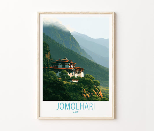 Jomolhari Travel Poster – Himalayan Landscape Wall Art Print