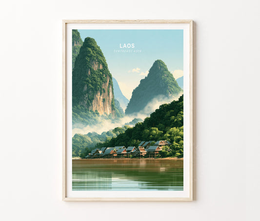 Laos Travel Poster – Tropical Mountain Wall Art Print