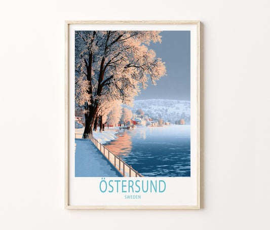 Östersund Travel Poster – Winter Lakeside Wall Art Print