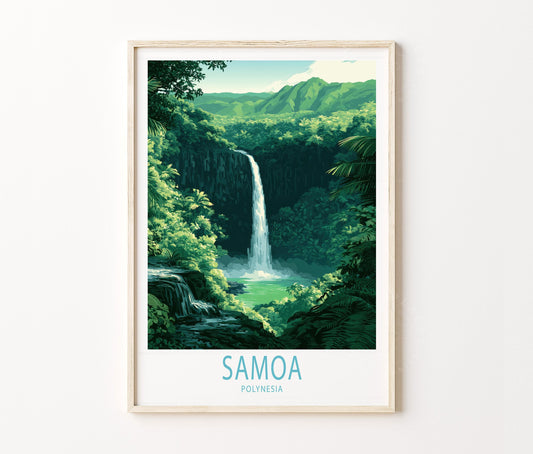 Samoa Polynesia Travel Poster – Tropical Waterfall Wall Art Print