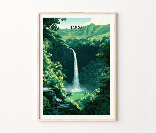 Samoa Travel Poster – Polynesian Jungle Waterfall Island Wall Art Print