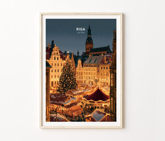 Riga Travel Poster – Winter Old Town Market Wall Art Print