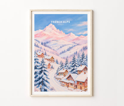 French Alps Travel Poster – Snowy Mountain Wall Art Print