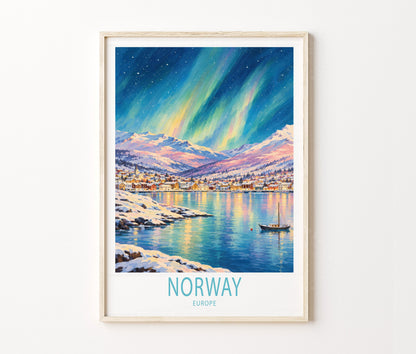 Norway Travel Poster – Northern Lights Landscape Wall Art Print