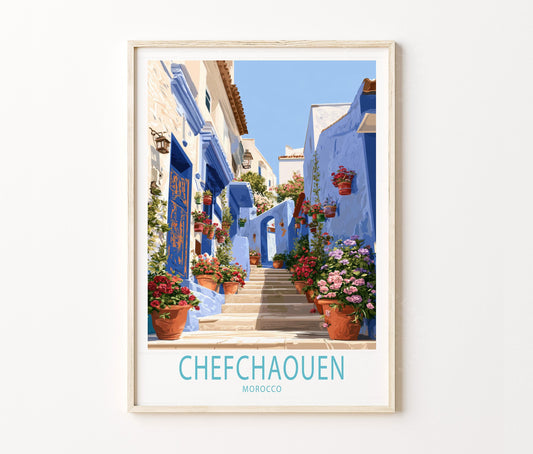 Chefchaouen Travel Poster – Blue City Wall Art Print