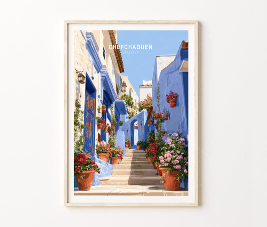 Chefchaouen Travel Poster – Blue Medina Wall Art Print