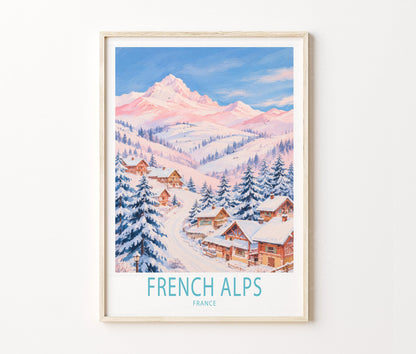 French Alps Travel Poster – Alpine Ski Winter Wall Art Print