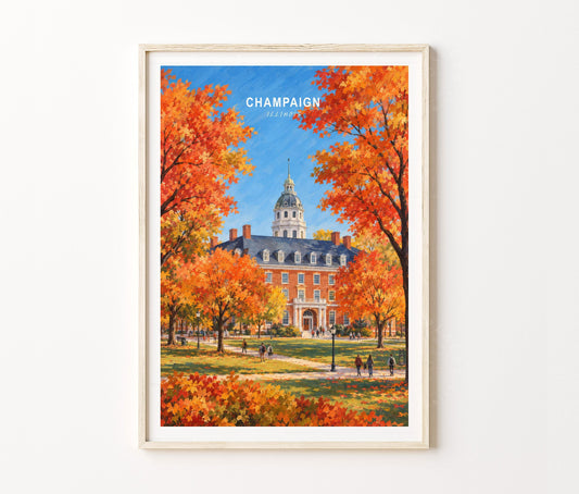 Champaign Travel Poster – Campus Fall Wall Art Print