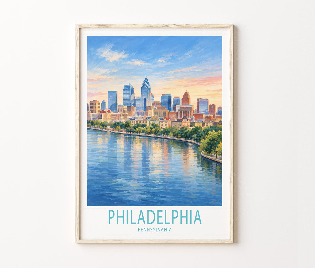 Philadelphia Travel Poster – City Skyline River Wall Art Print