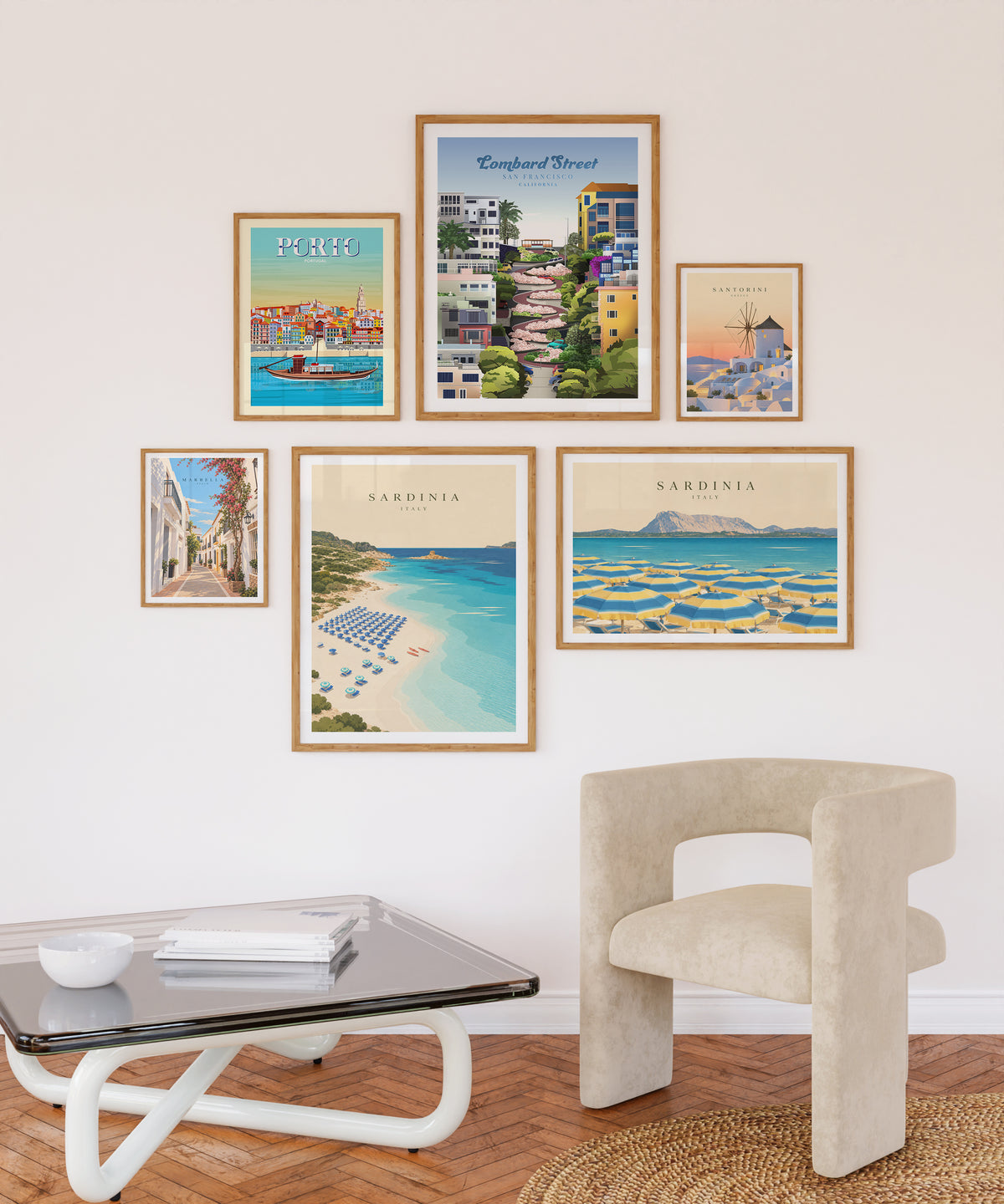 Gallery wall of six travel posters above a cream armchair