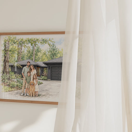 Video of a framed custom family and house watercolor portrait